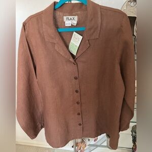 Flax Brown Linen Button-Front Women's Shirt
